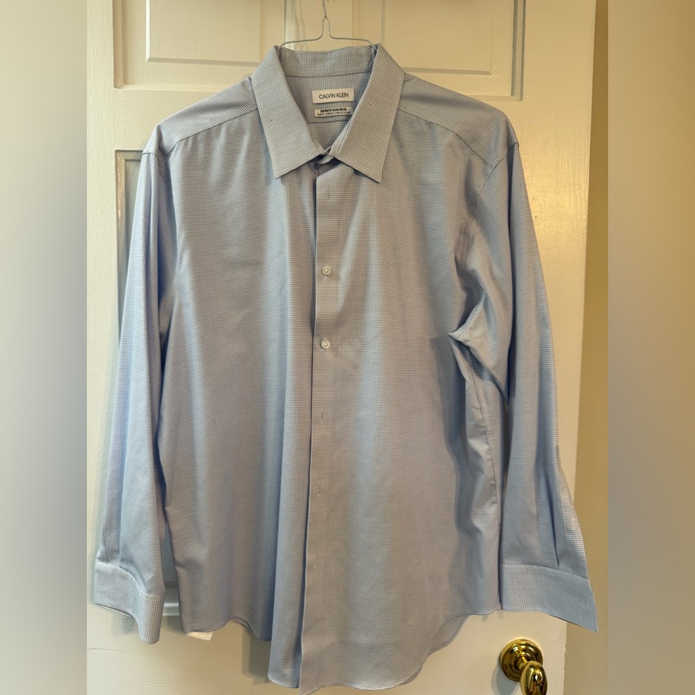 Calvin Klein Men’s Dress Shirt XL Blue Micro Check Button Up Oeko Tex Standard 1